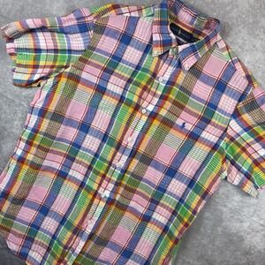 Ralph Lauren‎ Button Down Shirt Mens Size L Pink Blue Check Linen Short Sleeve